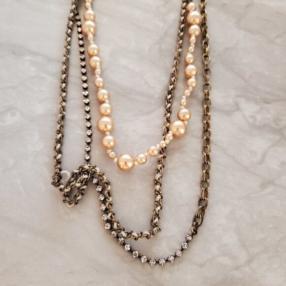 ✨ J.Crew Champagne Pearl Thead Antiqued Rhinestones Crystal Multi Chain Necklace - Picture 2 of 6